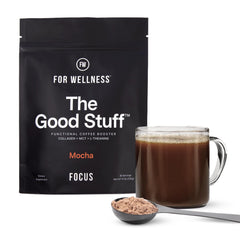 Front label of For Wellness The Good Stuff Focus mocha coffee booster