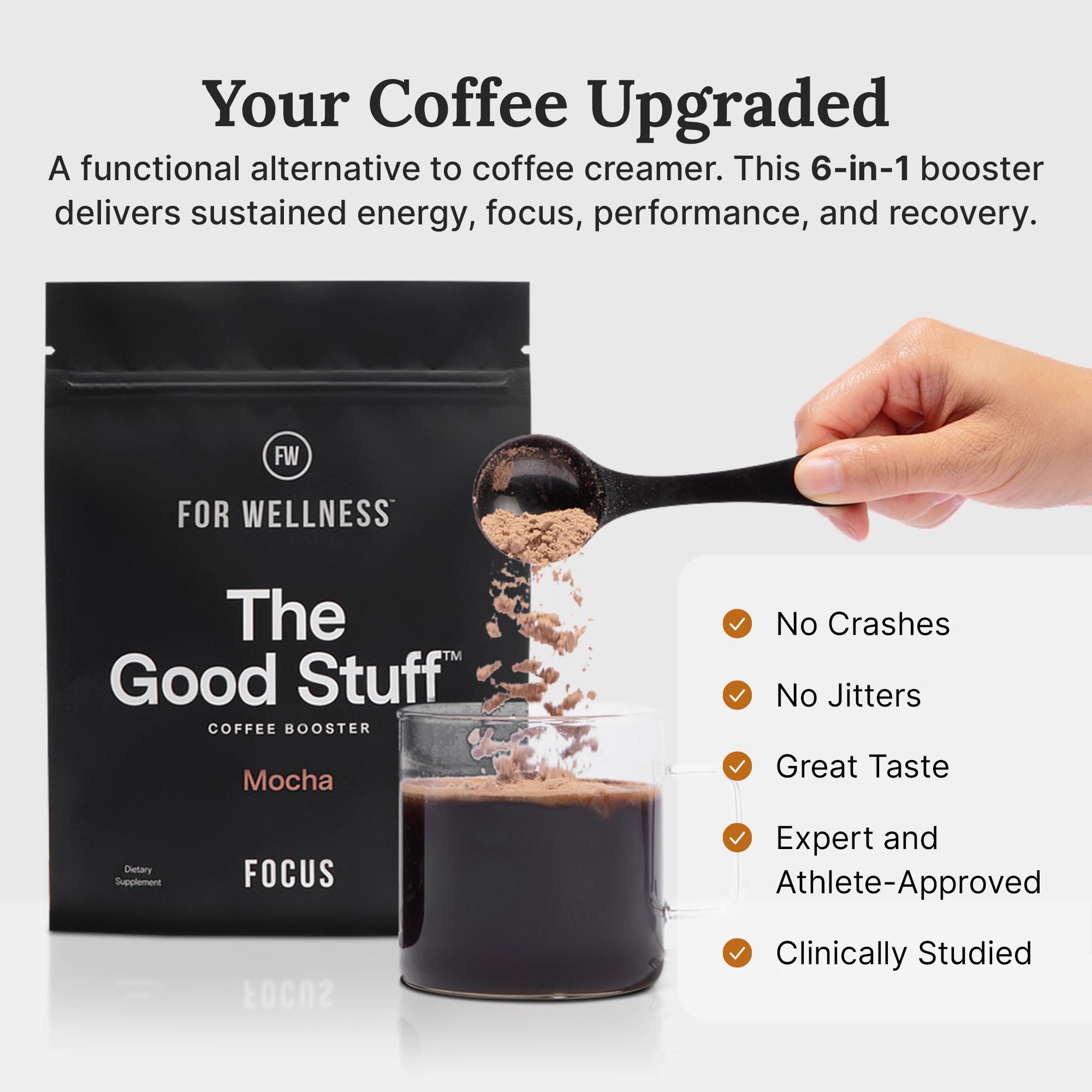 Mocha coffee booster powder being scooped into a cup of coffee