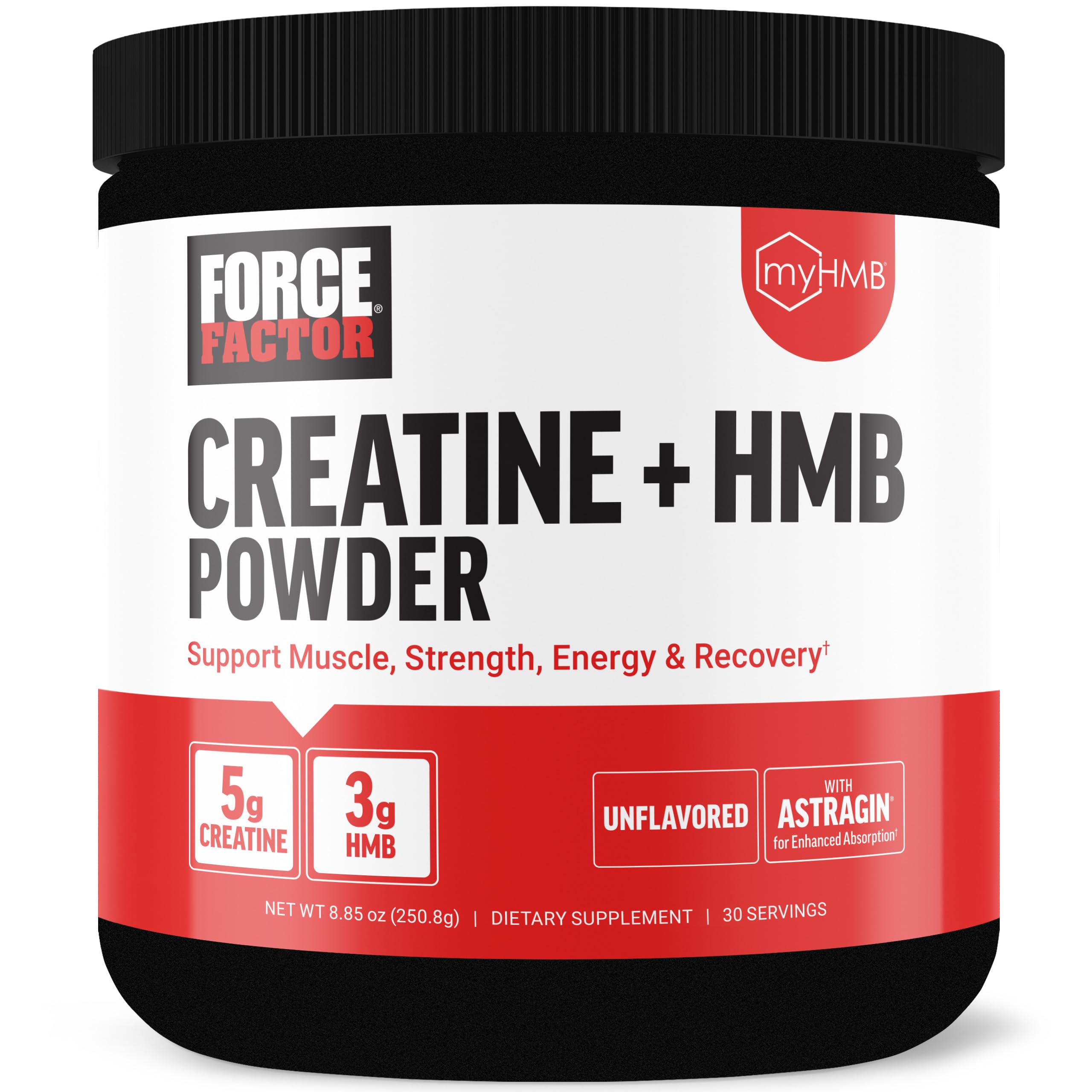 Force Factor Creatine HMB Powder tub with label visible