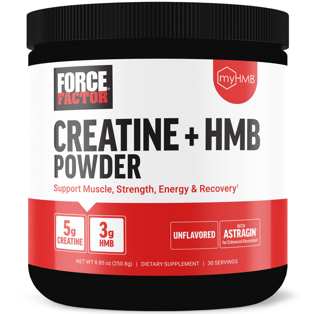 Force Factor Creatine HMB Powder tub with label visible