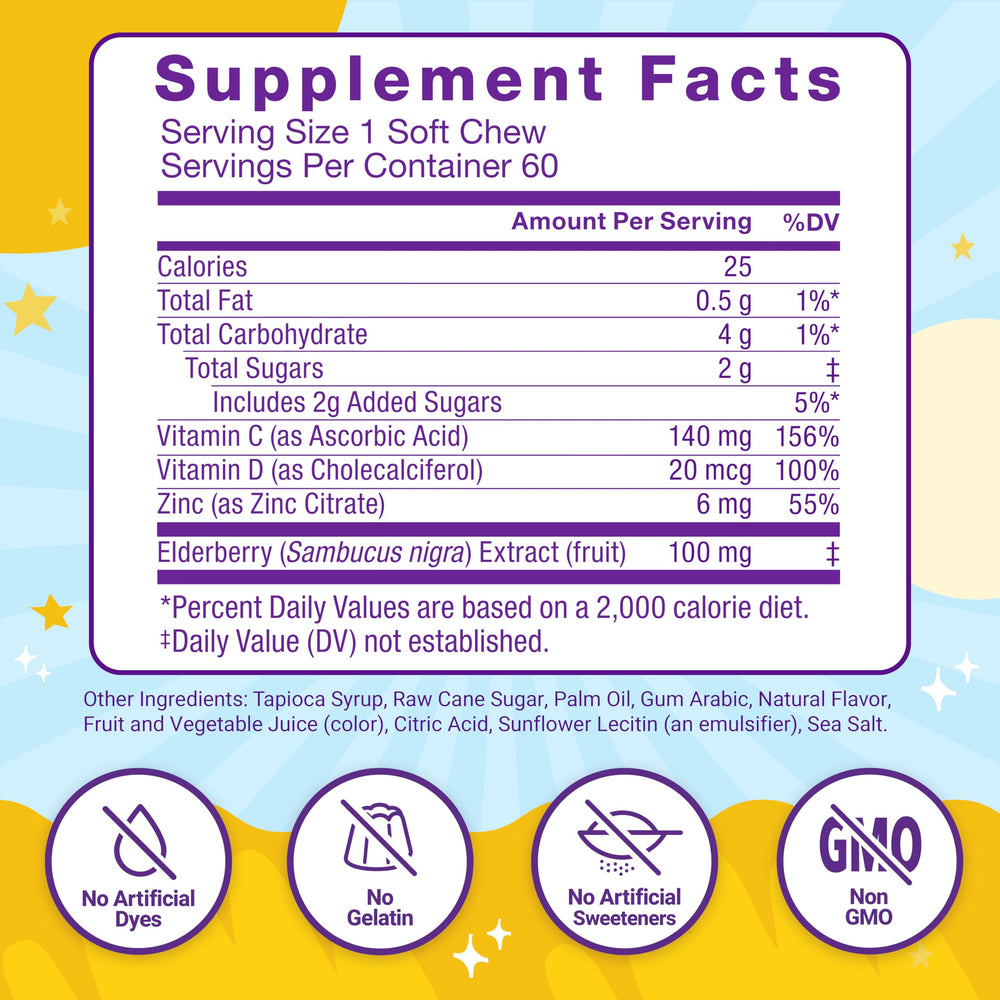 Nutrition facts panel for Force Factor Kids Immune Health Super Chews