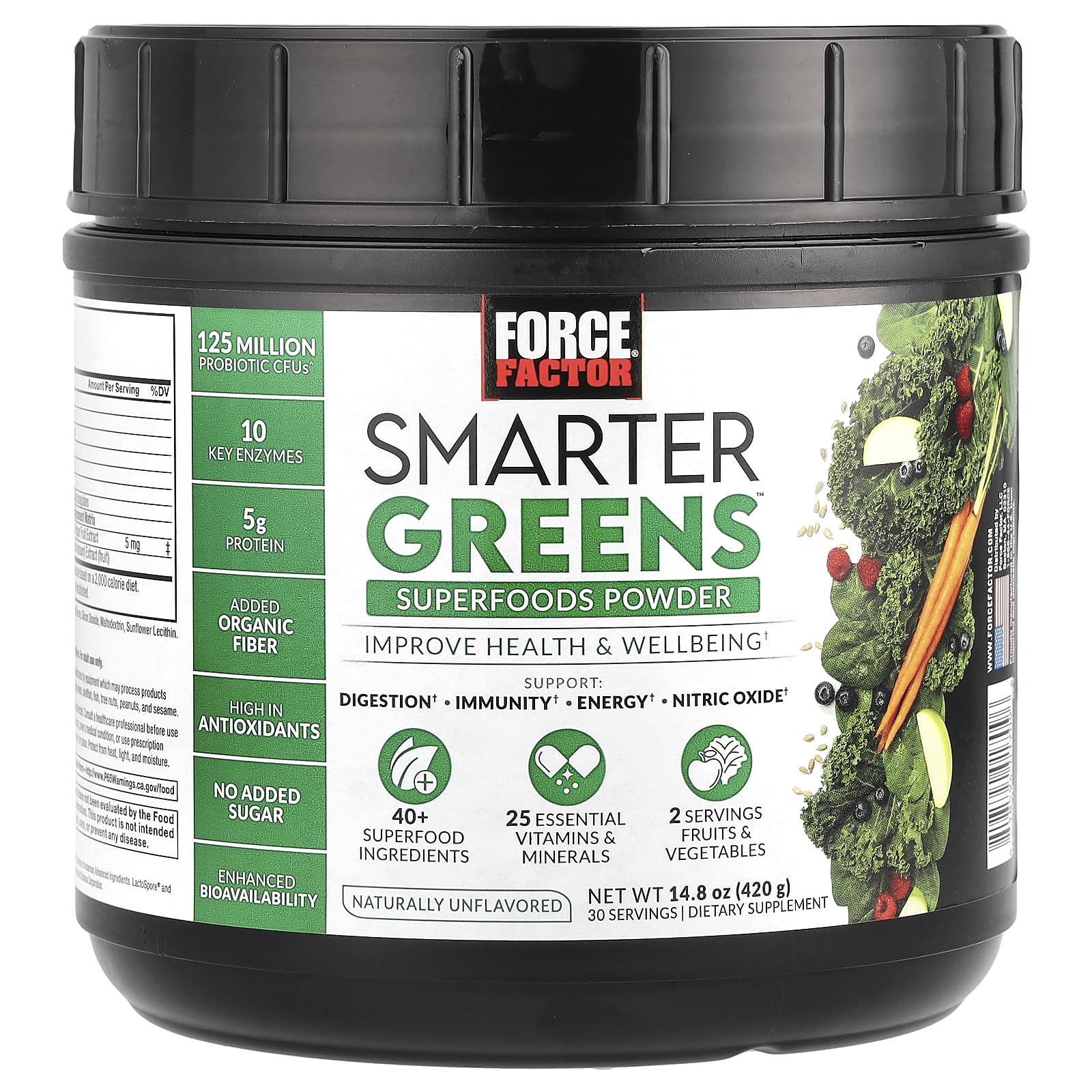 FORCE FACTOR Smarter Greens Powder label showing 30 servings