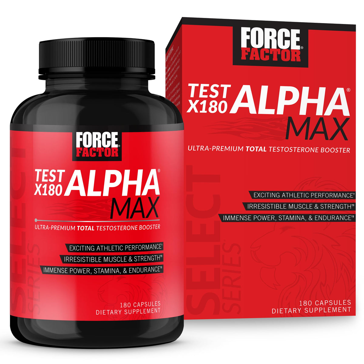 Force Factor Test X180 Alpha Max bottle front showing premium testosterone support for workouts.
