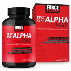 Force Factor Test X180 Alpha Max bottle front showing premium testosterone support for workouts.