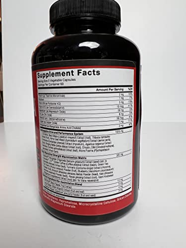 Force Factor Test X180 Alpha Max bottle side highlighting capsule count and US-made quality.