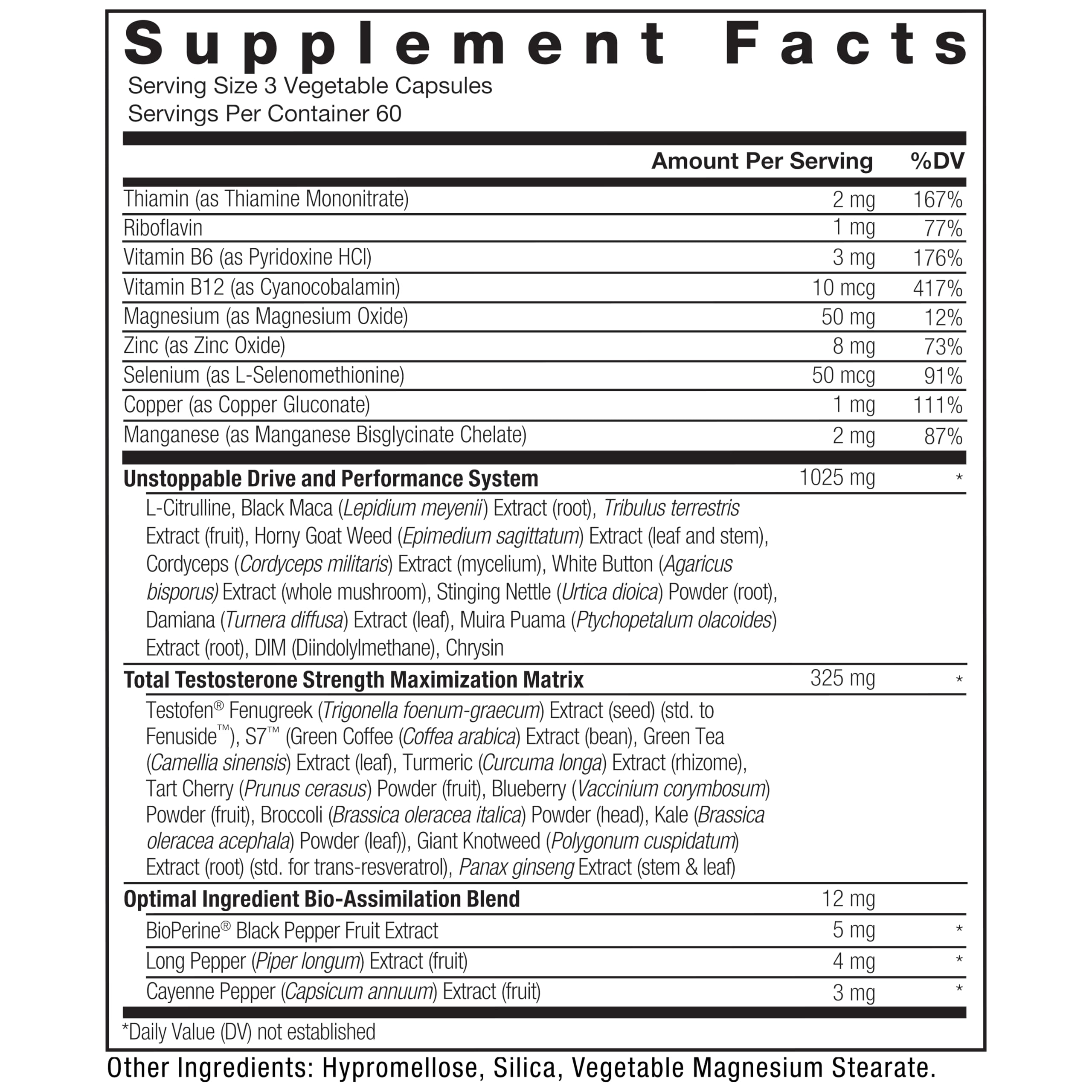 Force Factor Test X180 Alpha Max ingredients highlight tribulus and epimedium for support.