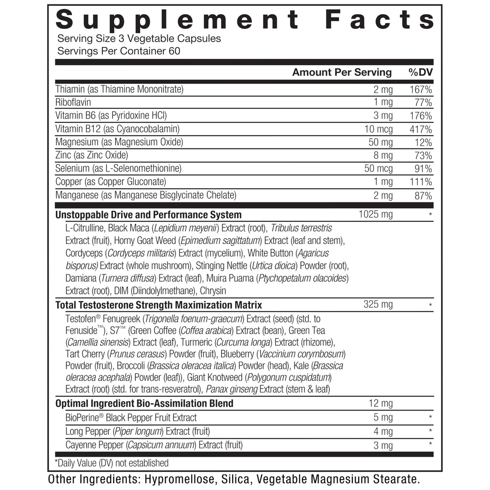 Force Factor Test X180 Alpha Max ingredients highlight tribulus and epimedium for support.