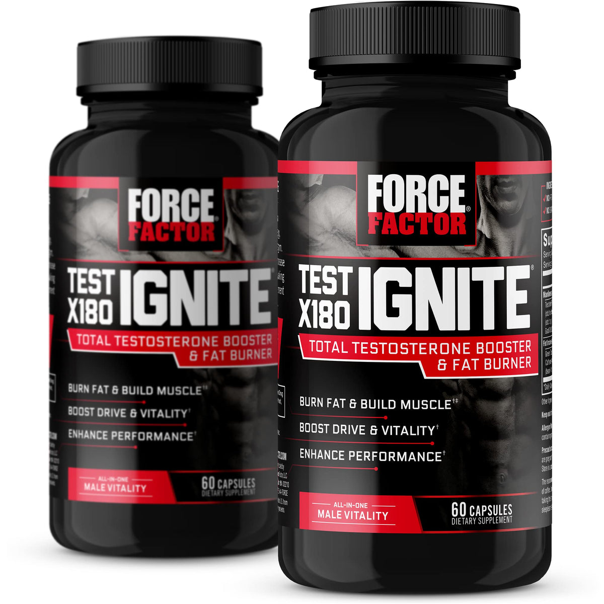 Force Factor Test X180 Ignite bottle front showcases testosterone-boosting formula for workouts.