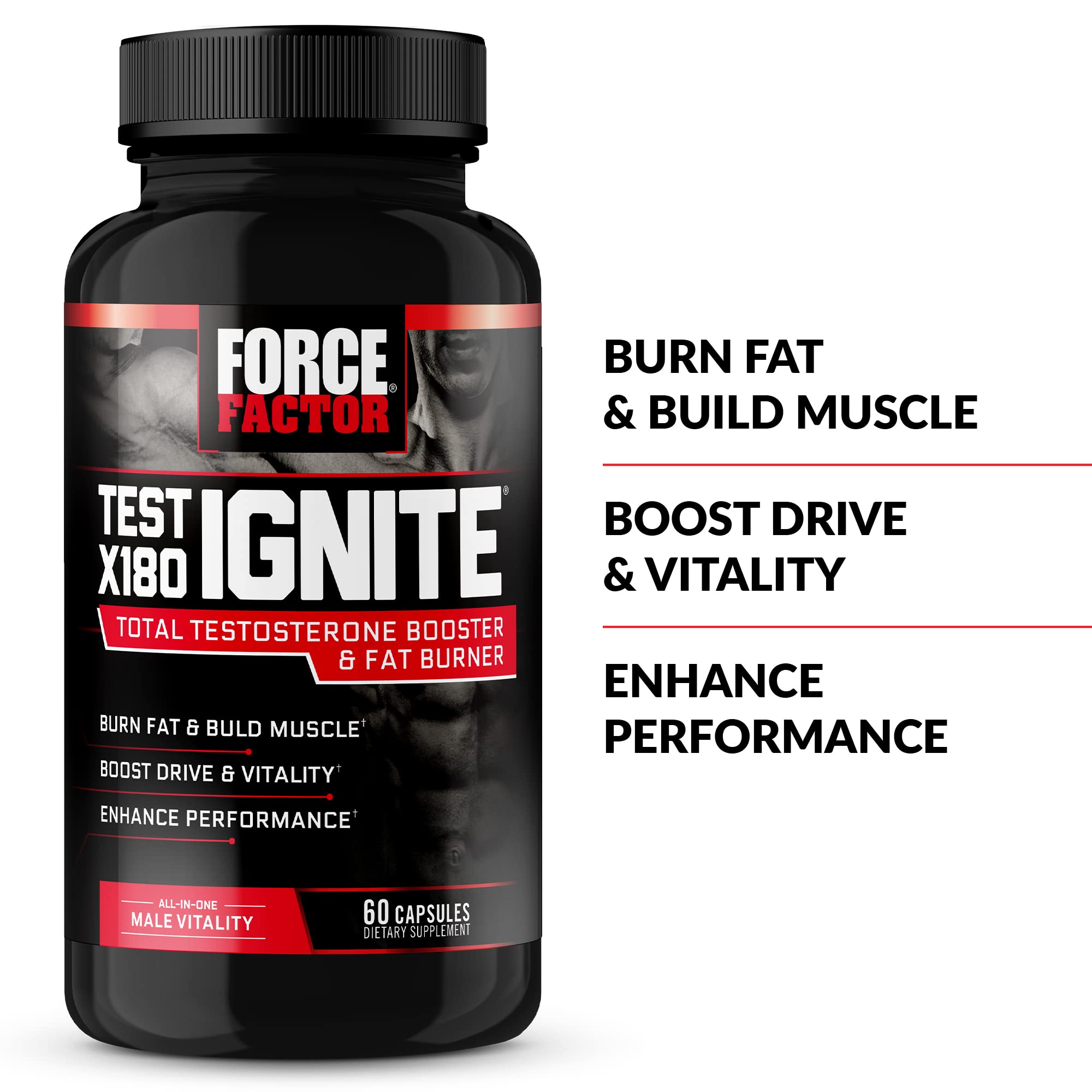 Force Factor Test X180 Ignite caffeine-green tea blend energizes workouts and supports thermogenesis.