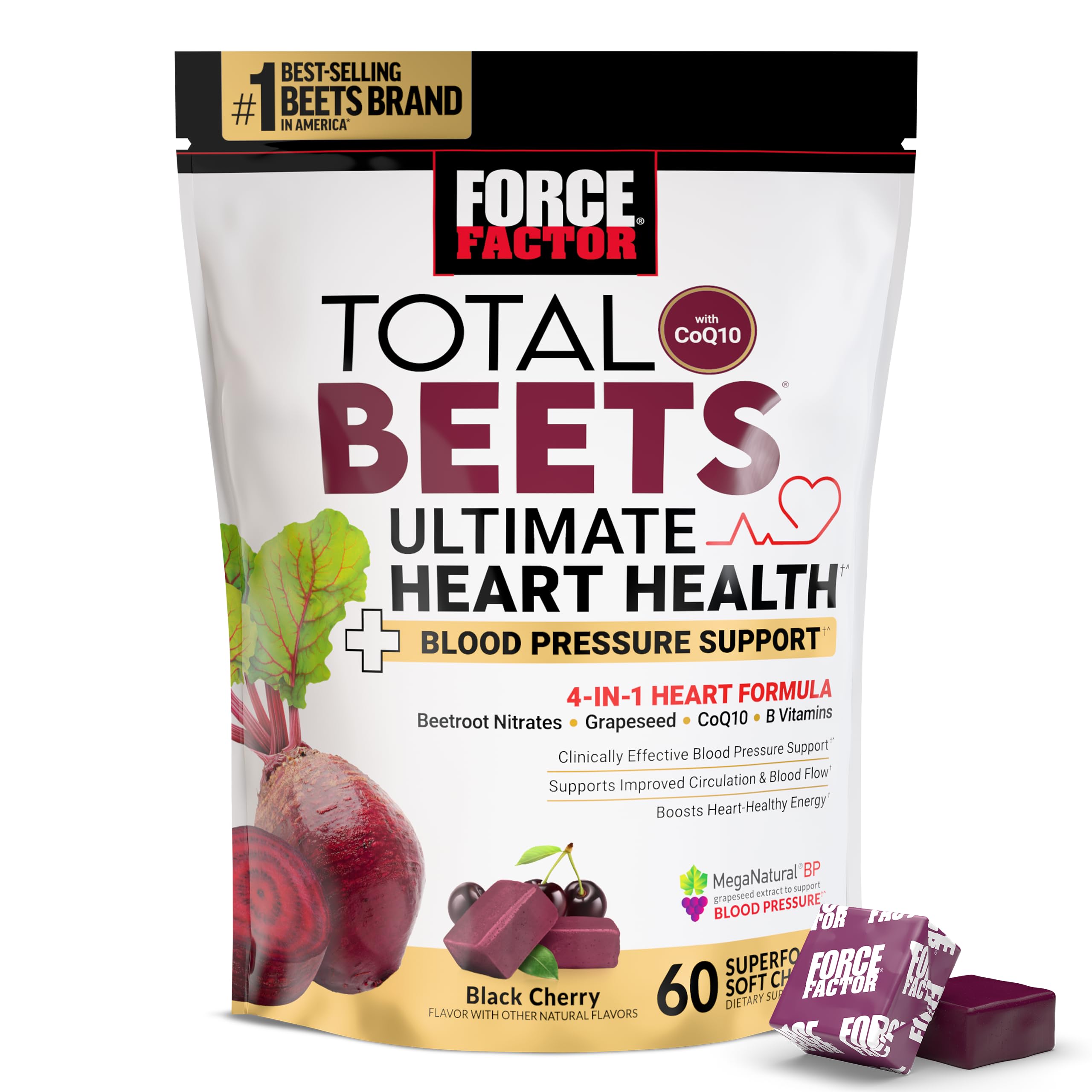 Bottle of FORCE FACTOR Total Beets Ultimate Heart Health Chews