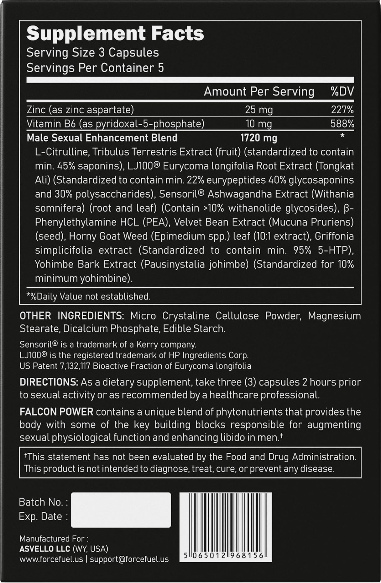 Force Fuel Falcon Power dosage label showing timing guidance.