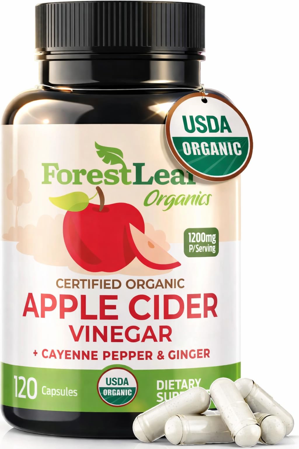 ForestLeaf apple cider vinegar bottle emphasizes convenient digestion support.