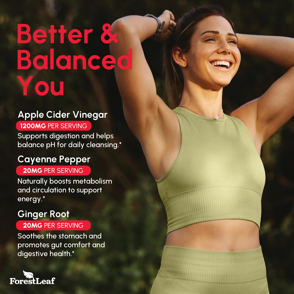 ForestLeaf ACV packaging shot emphasizes vegan, sugar-free wellness capsules.