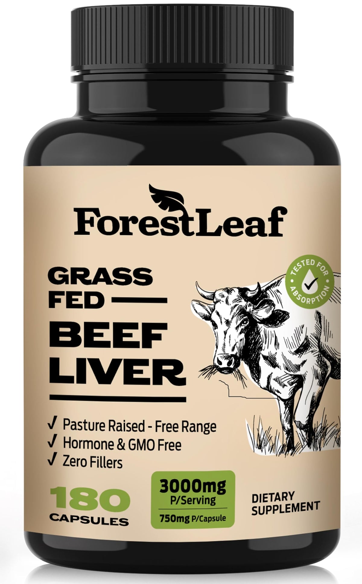 ForestLeaf grass-fed beef liver capsules bottle front view