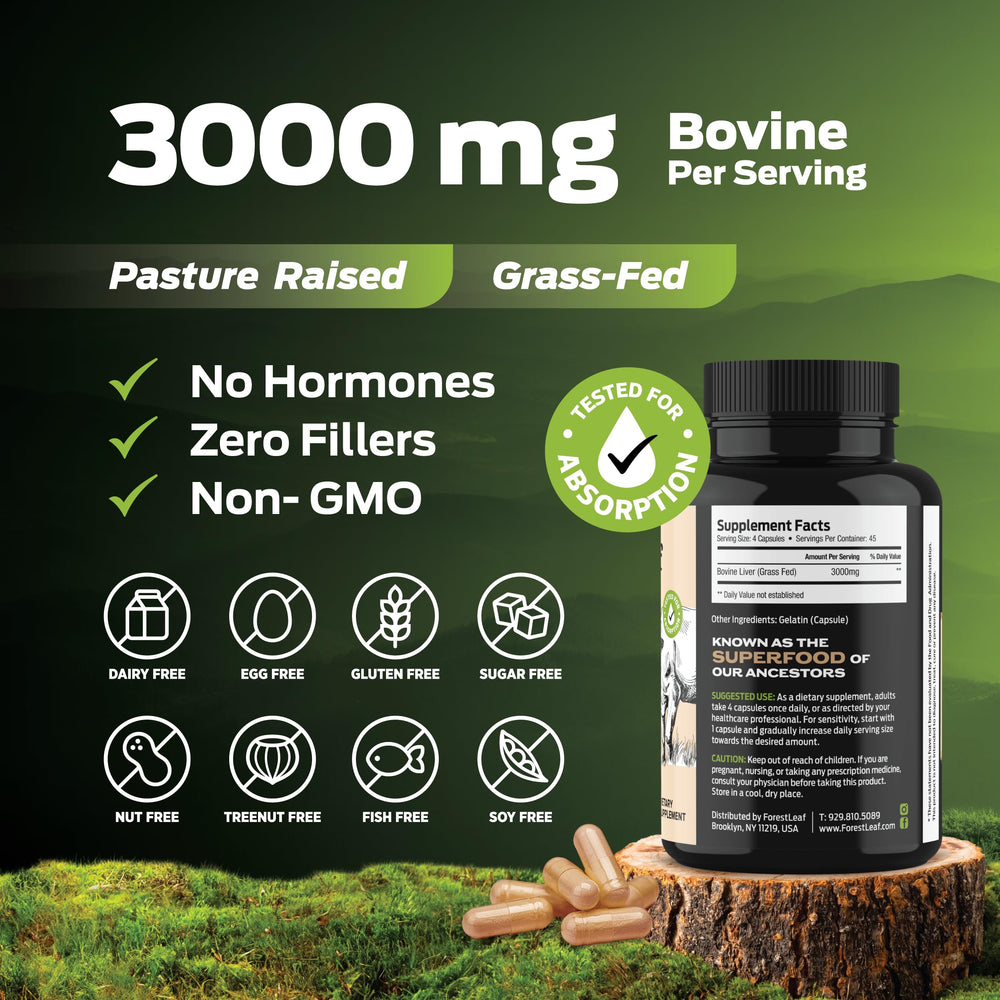 Nutrition facts panel for ForestLeaf beef liver capsules