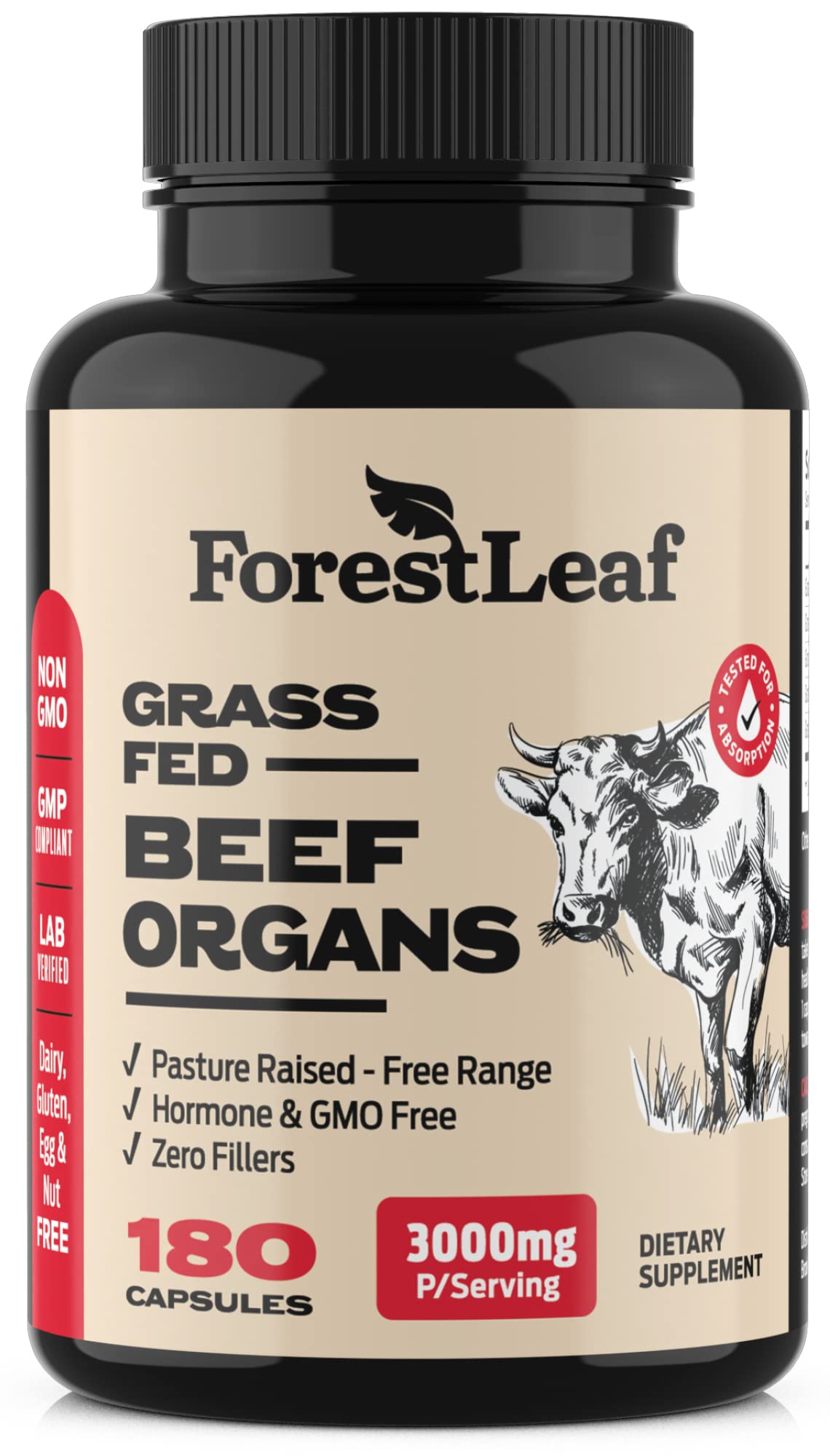 ForestLeaf Beef Organ Supplement bottle with 180 capsules on a wooden background