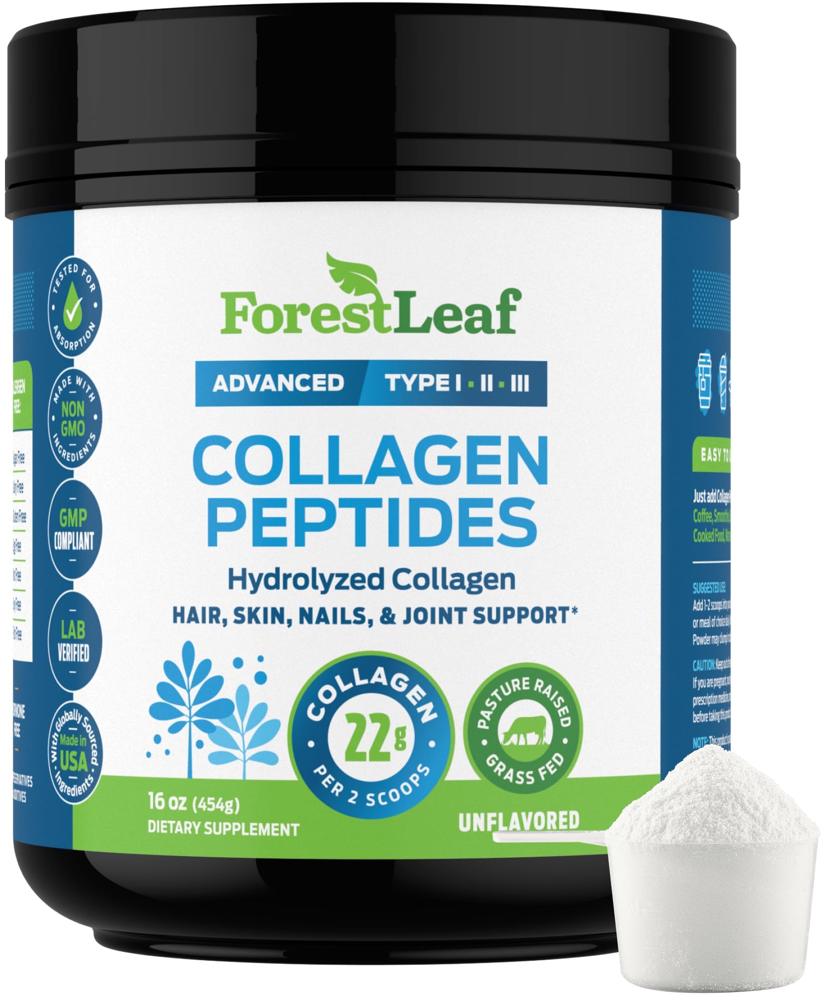 ForestLeaf Collagen Peptides Powder Unflavored hero image with bottle
