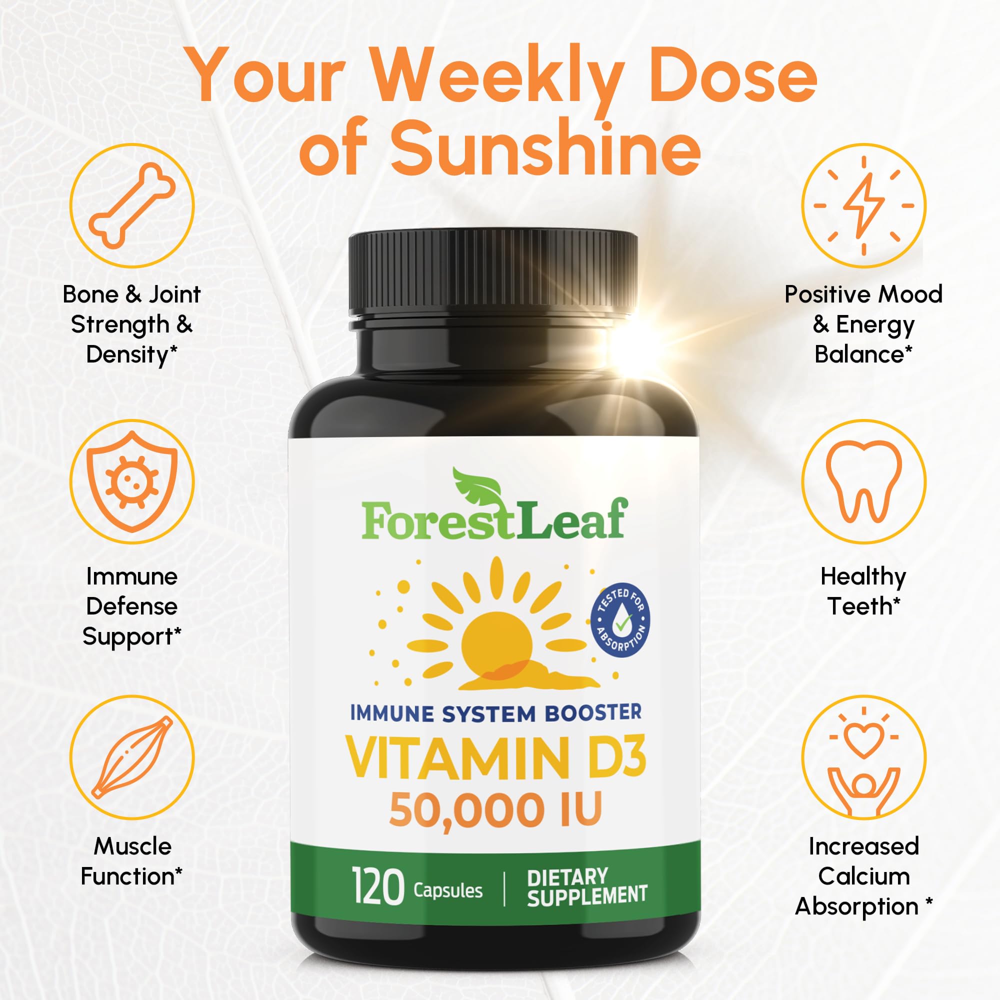 Close-up of ForestLeaf Vitamin D3 50,000 IU capsule