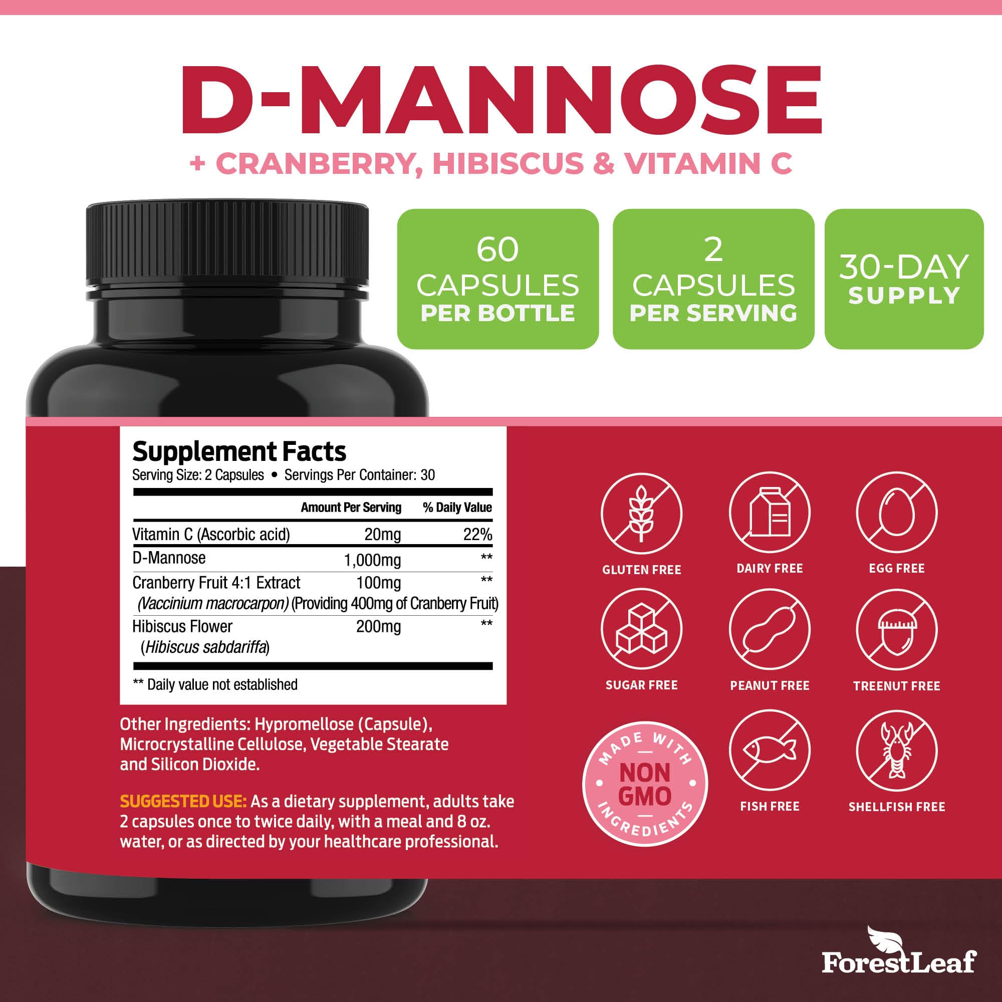 Organic, non-GMO ForestLeaf D-Mannose with cranberry and hibiscus