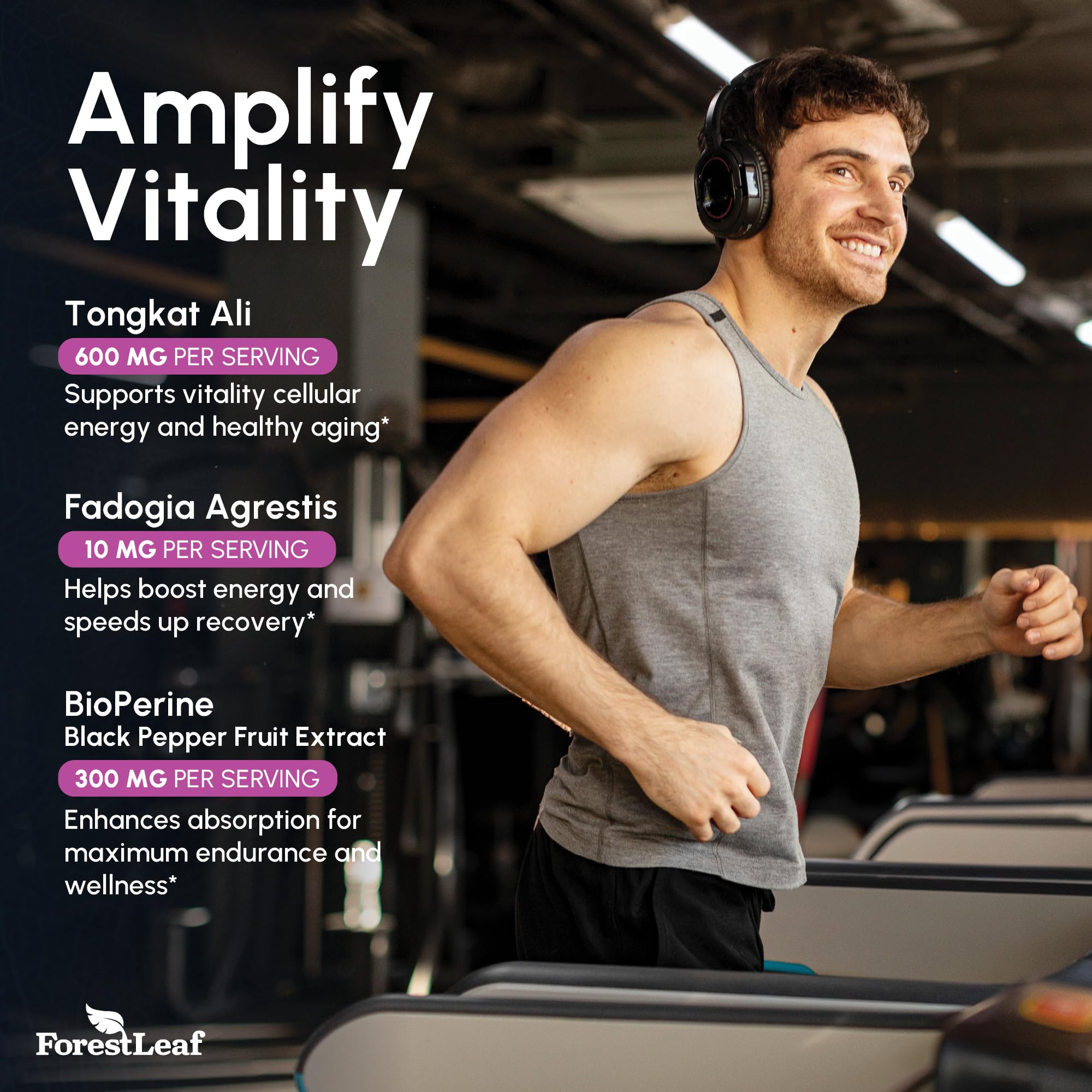 ForestLeaf Ingredient Panel highlights Tongkat Ali and Fadogia Agrestis extracts.