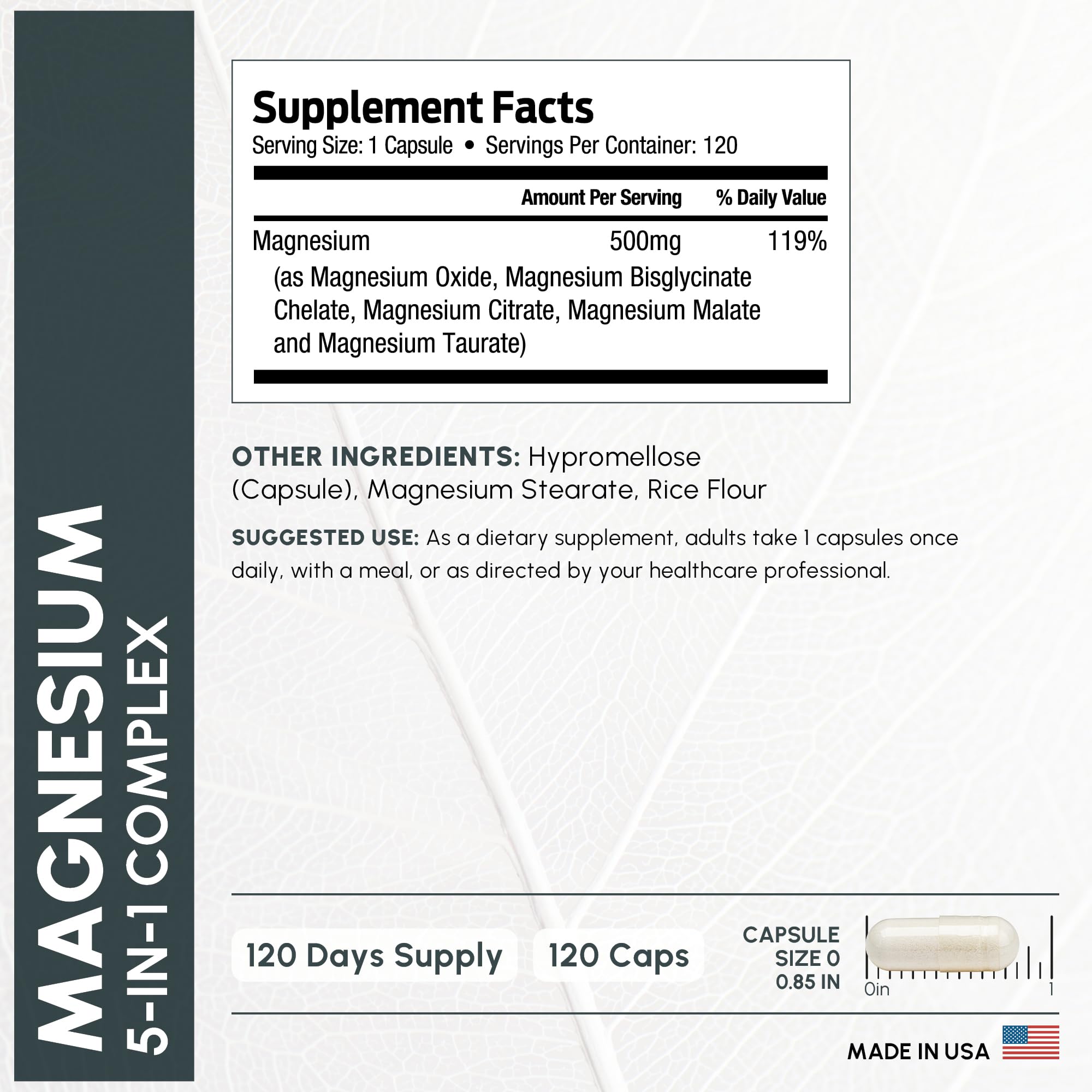 Graphic illustration of the 5-in-1 magnesium blend: oxide, bisglycinate, citrate, malate, taurate