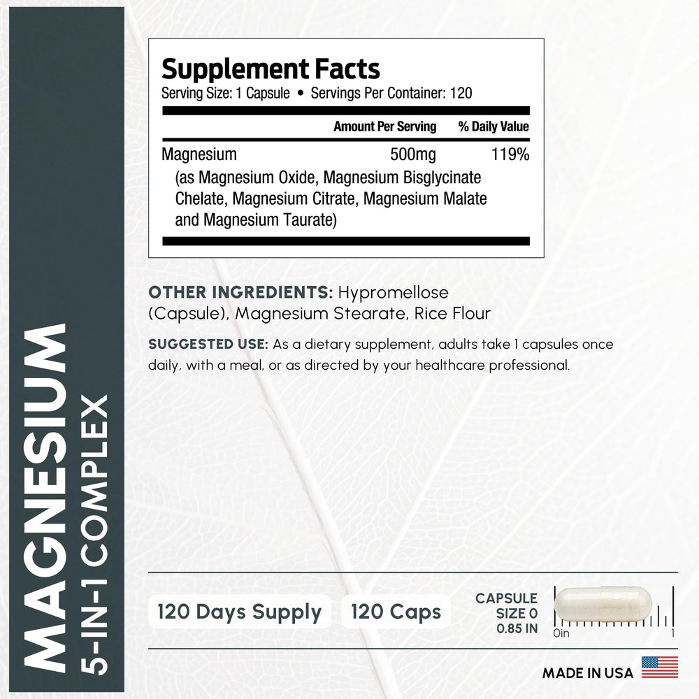 Graphic illustration of the 5-in-1 magnesium blend: oxide, bisglycinate, citrate, malate, taurate