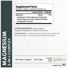 Graphic illustration of the 5-in-1 magnesium blend: oxide, bisglycinate, citrate, malate, taurate
