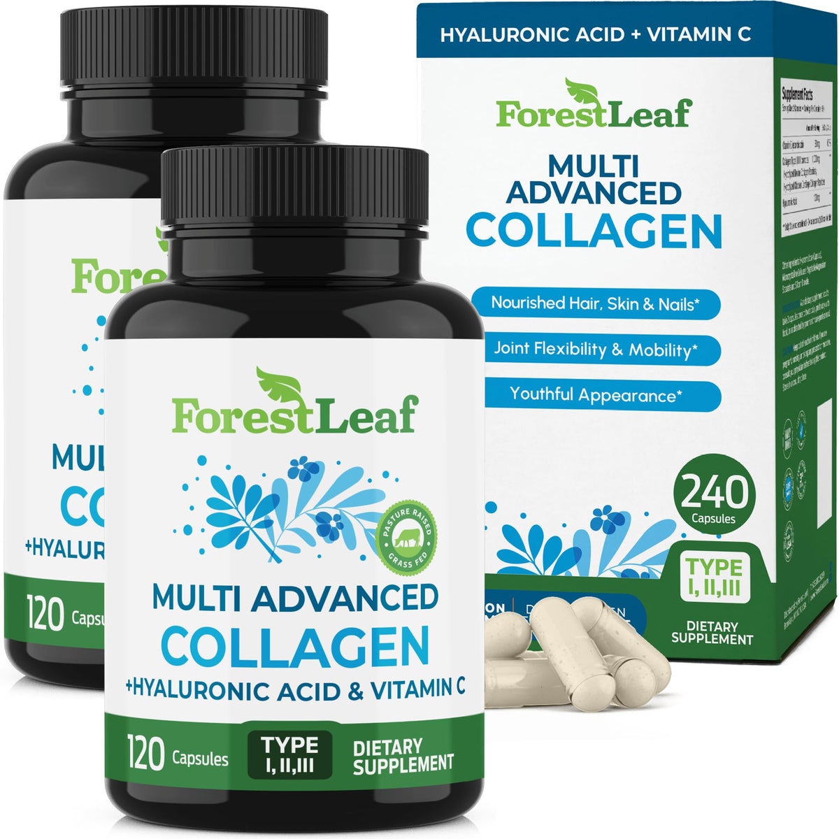 ForestLeaf Multi Collagen pills bottle with Hyaluronic Acid and Vitamin C