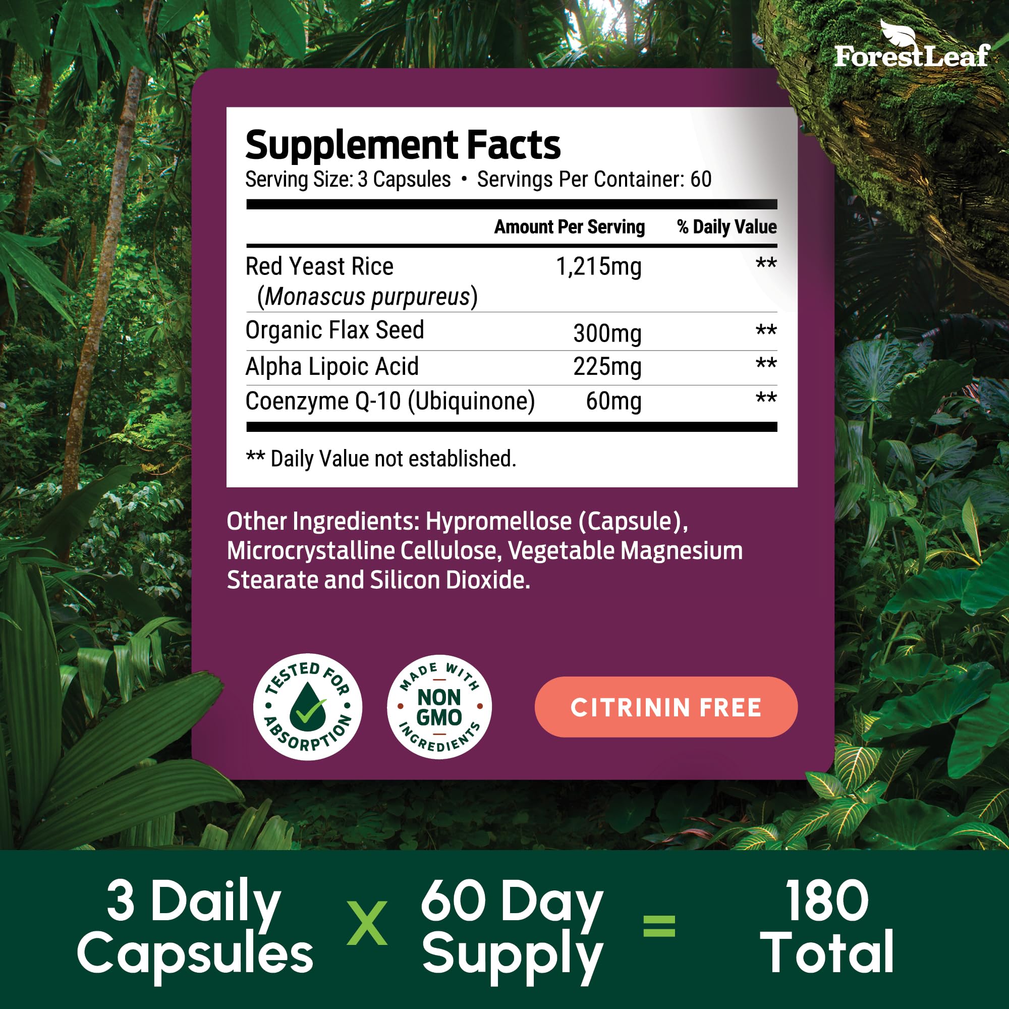 Capsules spilled next to the ForestLeaf bottle