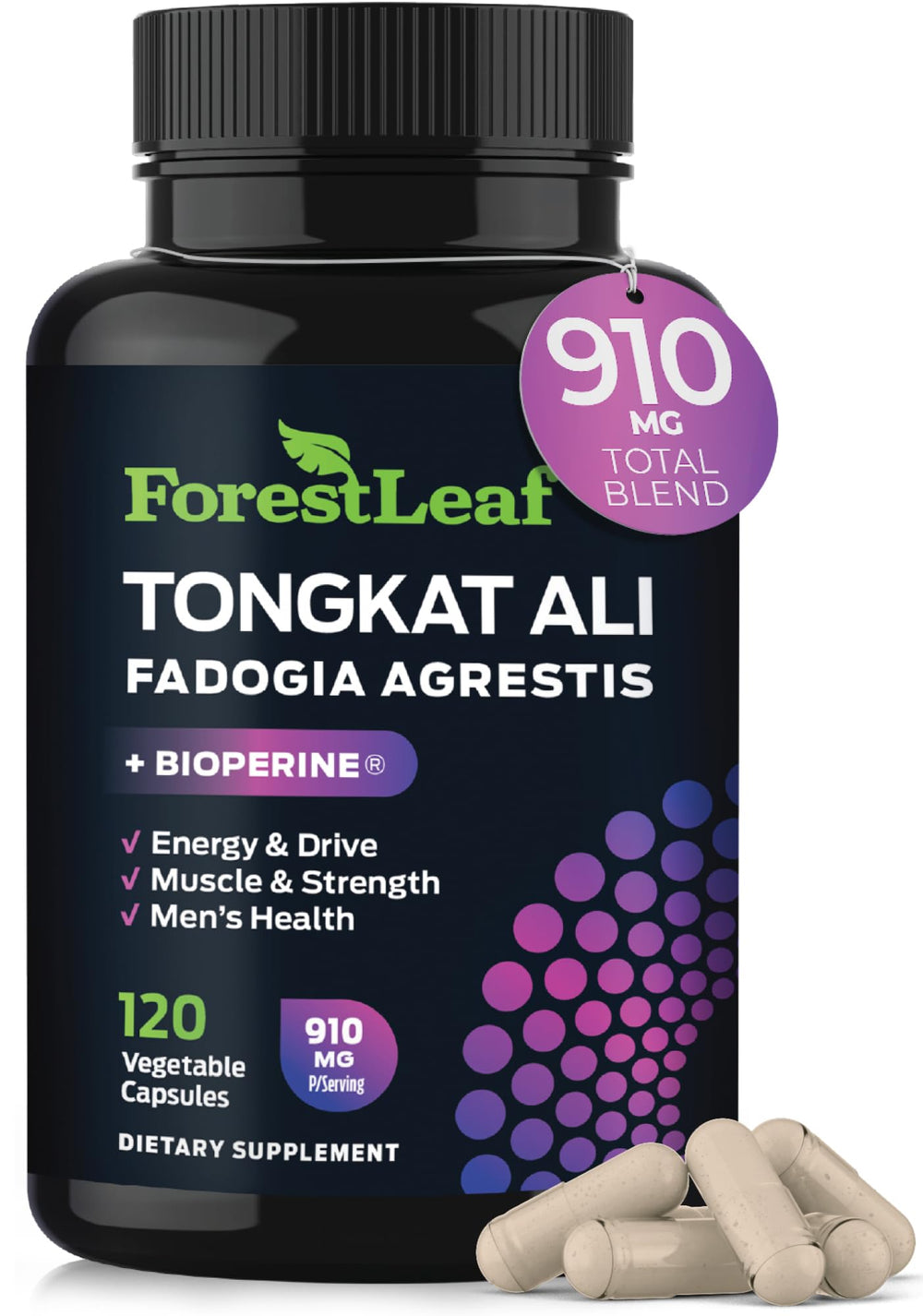 ForestLeaf Tongkat Ali Max Strength bottle showcasing high-potency extract for daily energy.