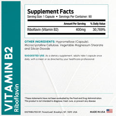 Detail of ForestLeaf Vitamin B2 400mg label on bottle