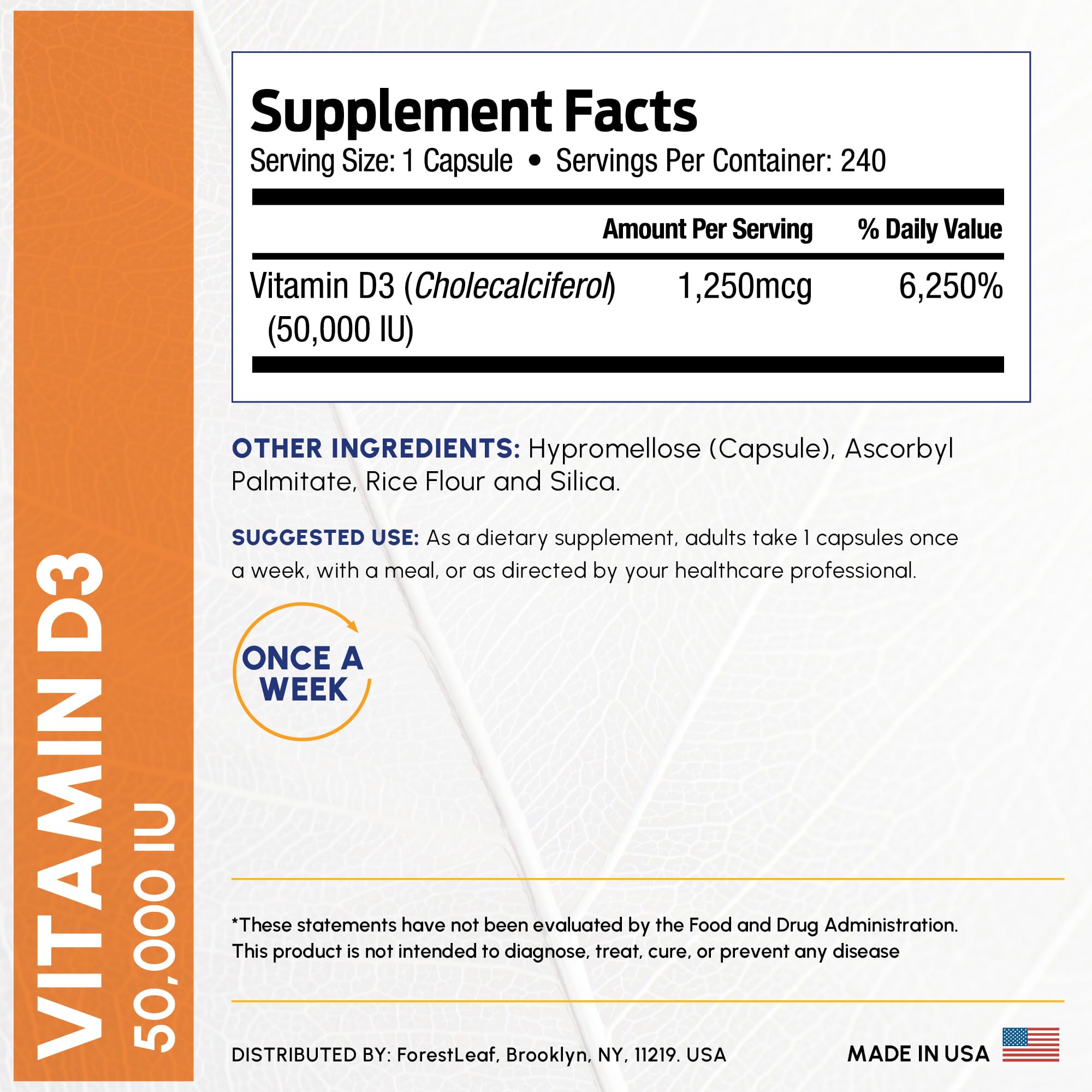 Product shot of ForestLeaf Vitamin D3 50,000 IU bottle