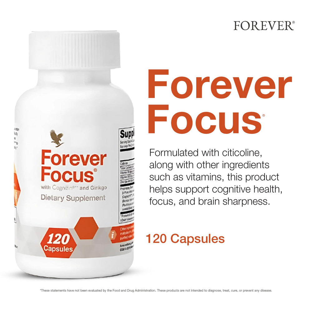 Close-up of Forever Focus bottle label highlighting Cognizin and Bacopa