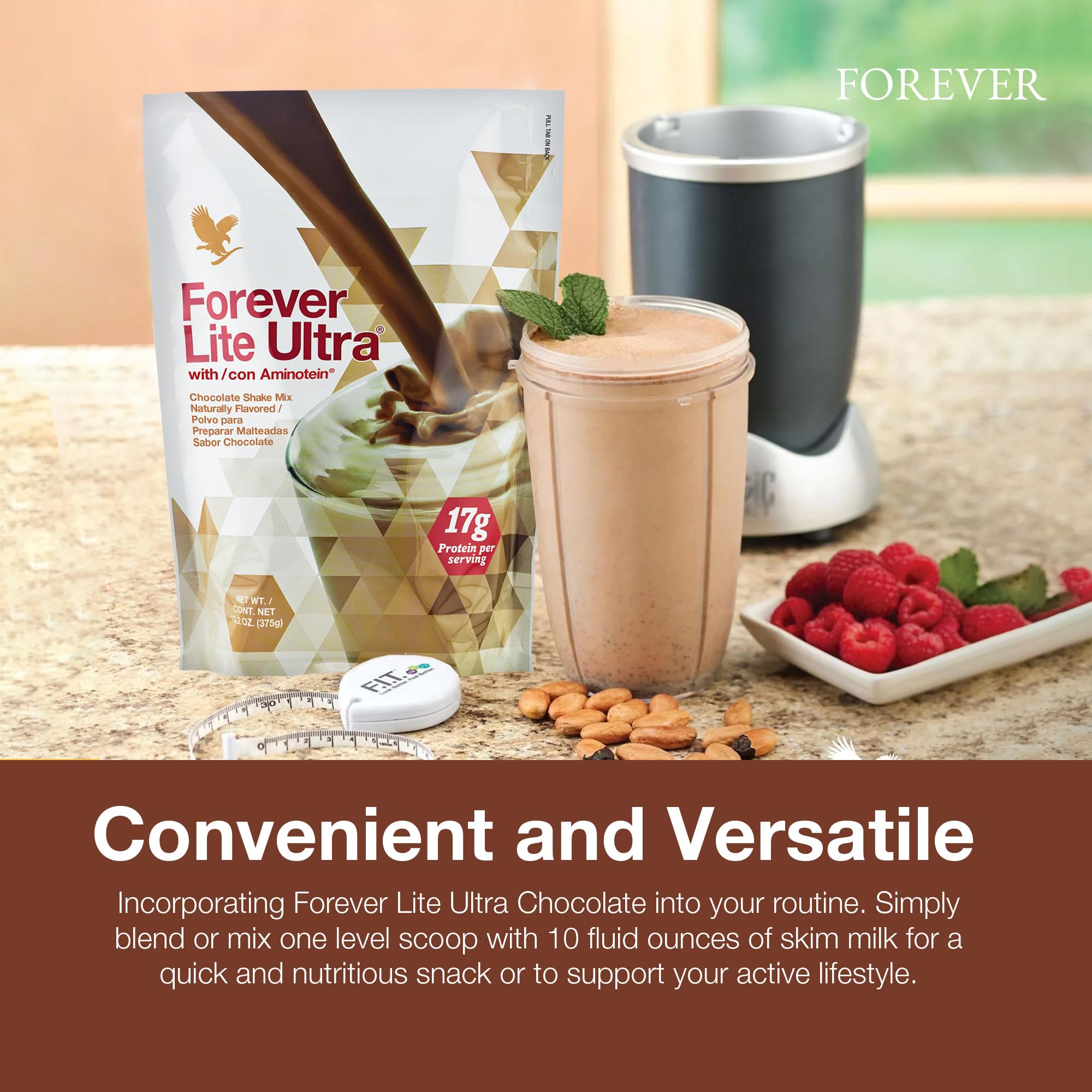Chocolate protein powder scoop beside glass and milk