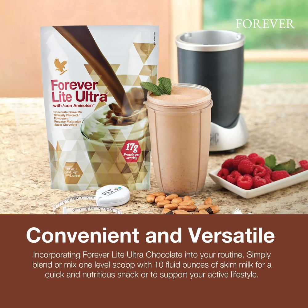 Chocolate protein powder scoop beside glass and milk