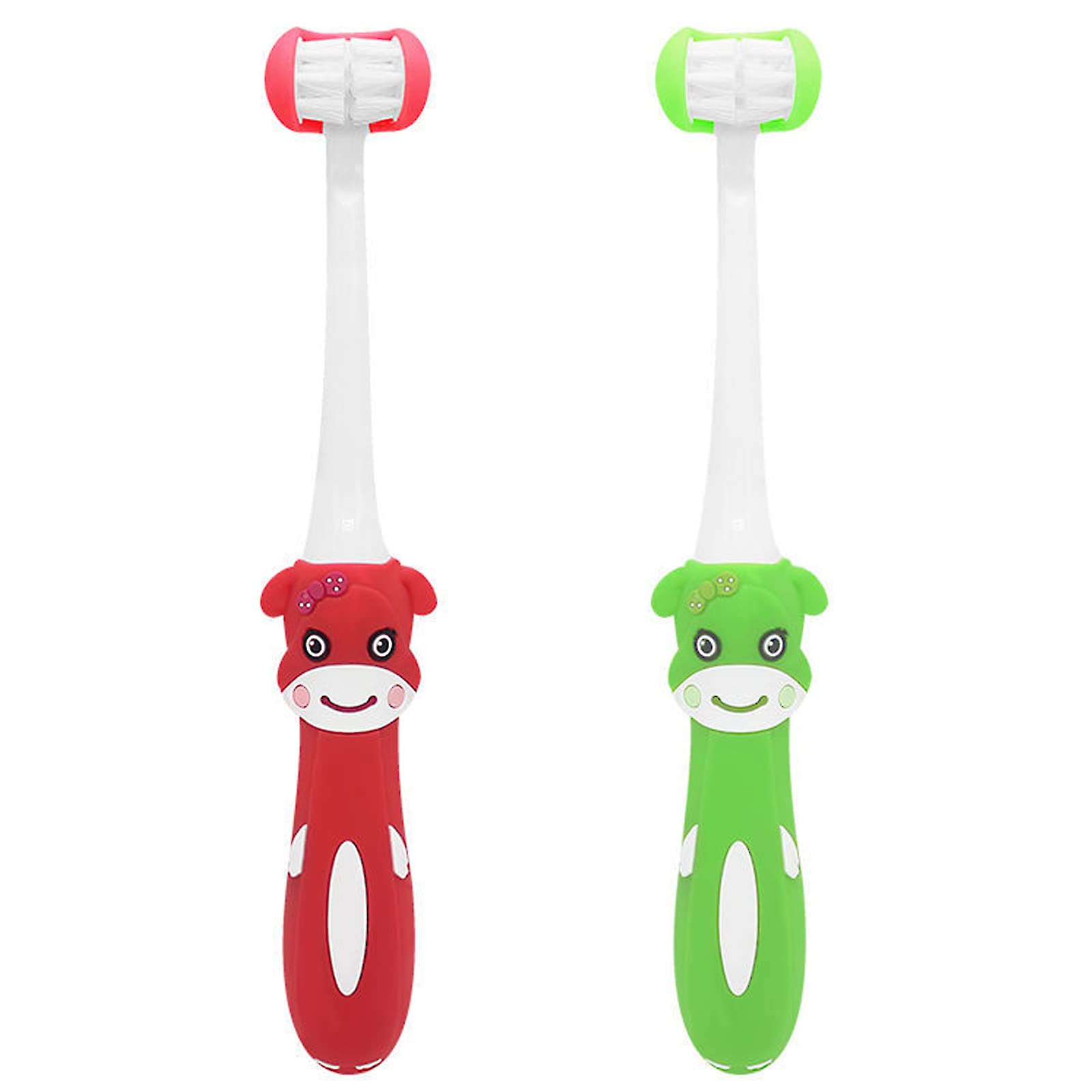 FOREVIVE 2-Pack 3-Sided Toddler Toothbrush Red & Green C4 – Front view