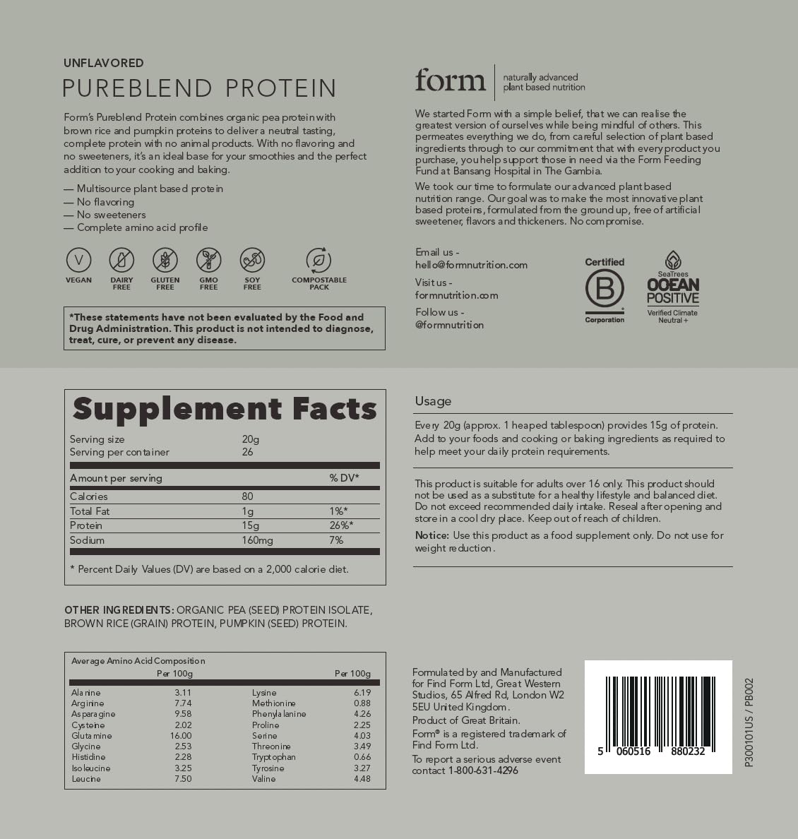 Form Pureblend Protein packaging emphasizes 100% plastic-free, compostable packaging.