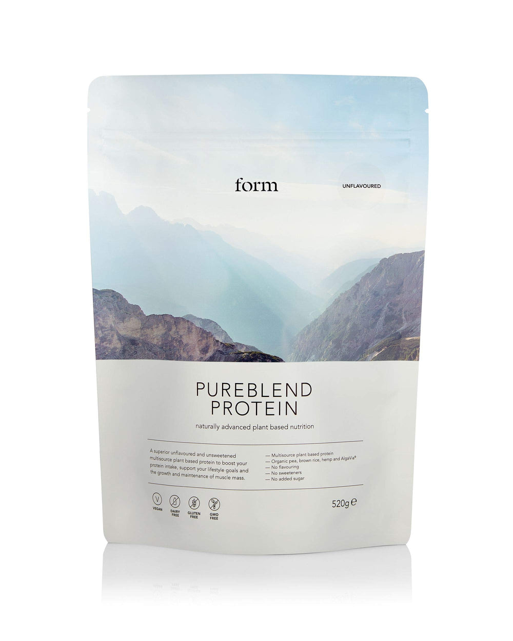 Form Pureblend Protein scoop demonstrates a neutral, unsweetened powder for customizable shakes.