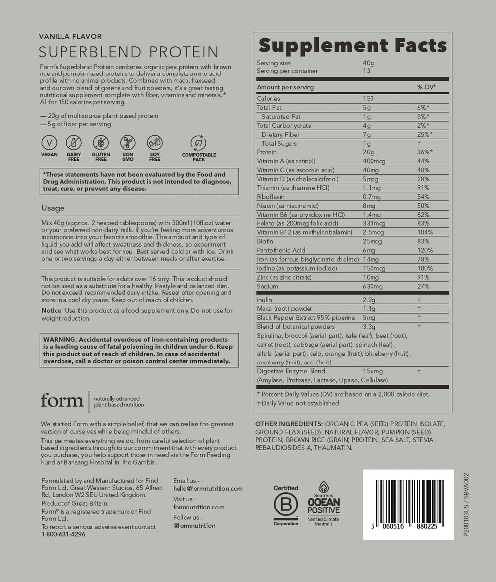 Form Superblend Protein vegan gluten-free packaging eco-friendly materials.