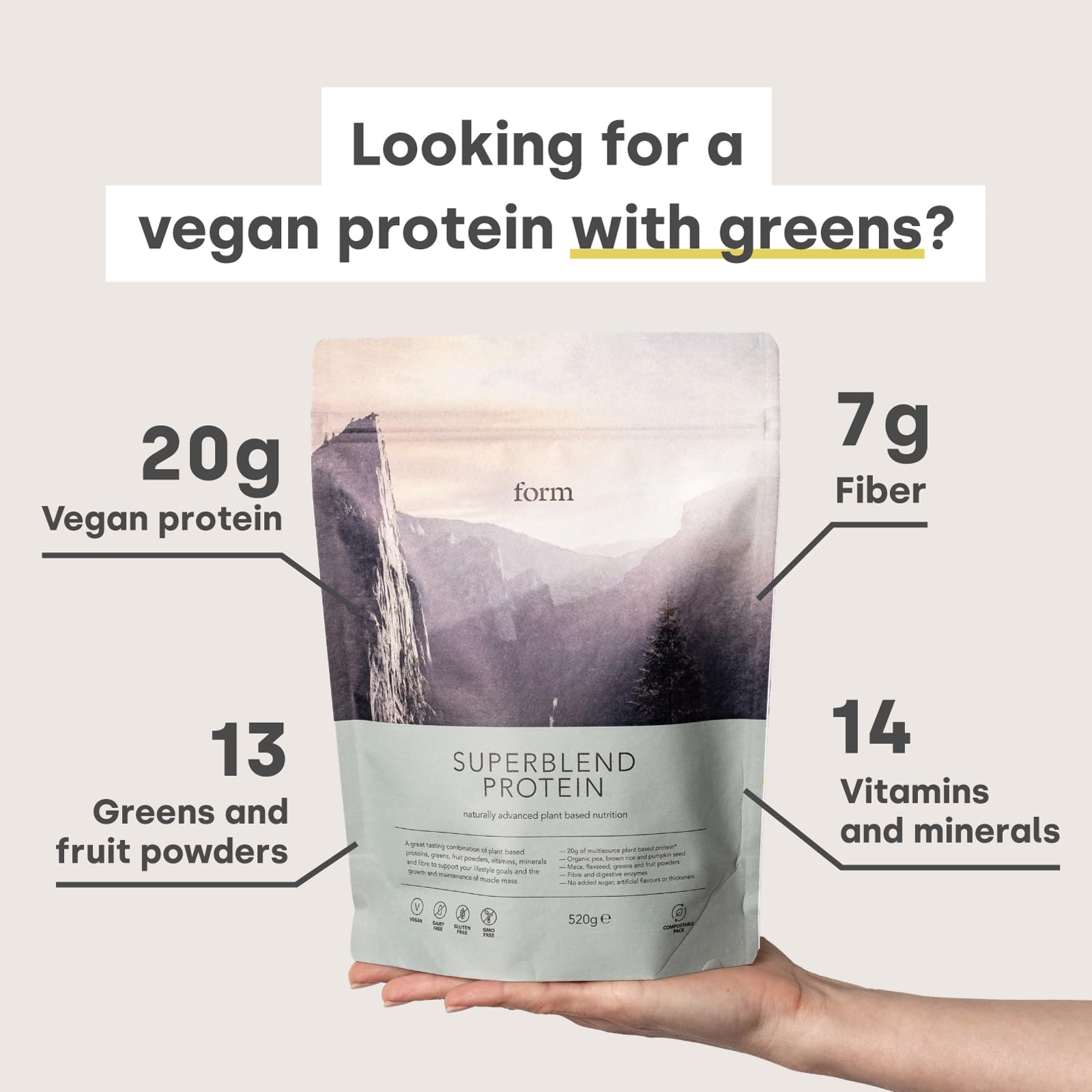 Form Superblend Protein superfoods blend in powder form for smoothie versatility.