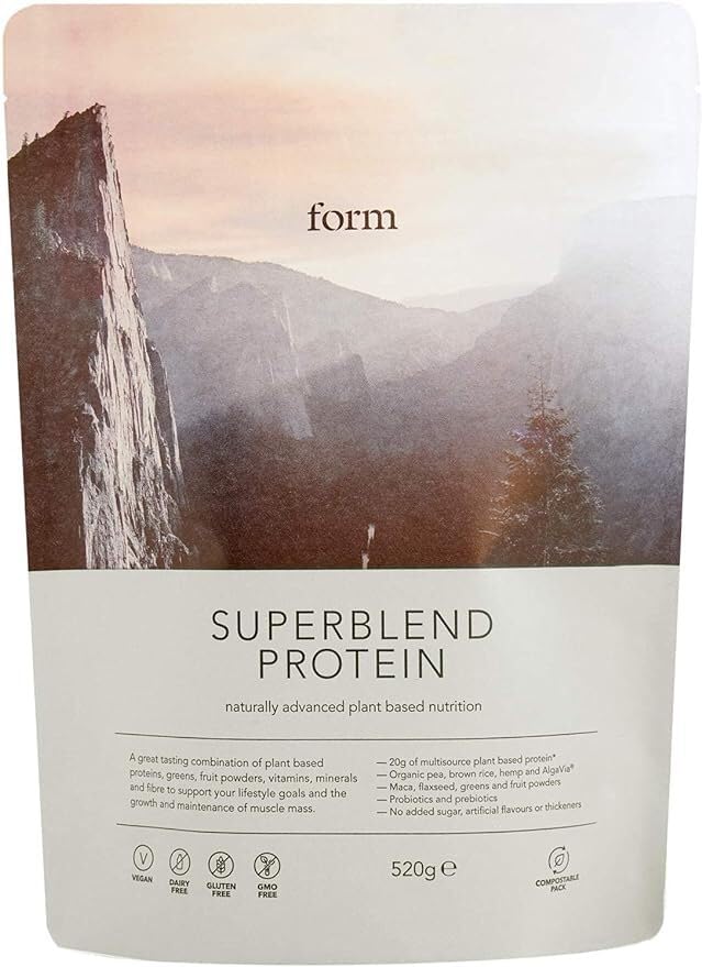 Form Superblend Protein vanilla tub closeup for creamy shakes and daily vegan protein.