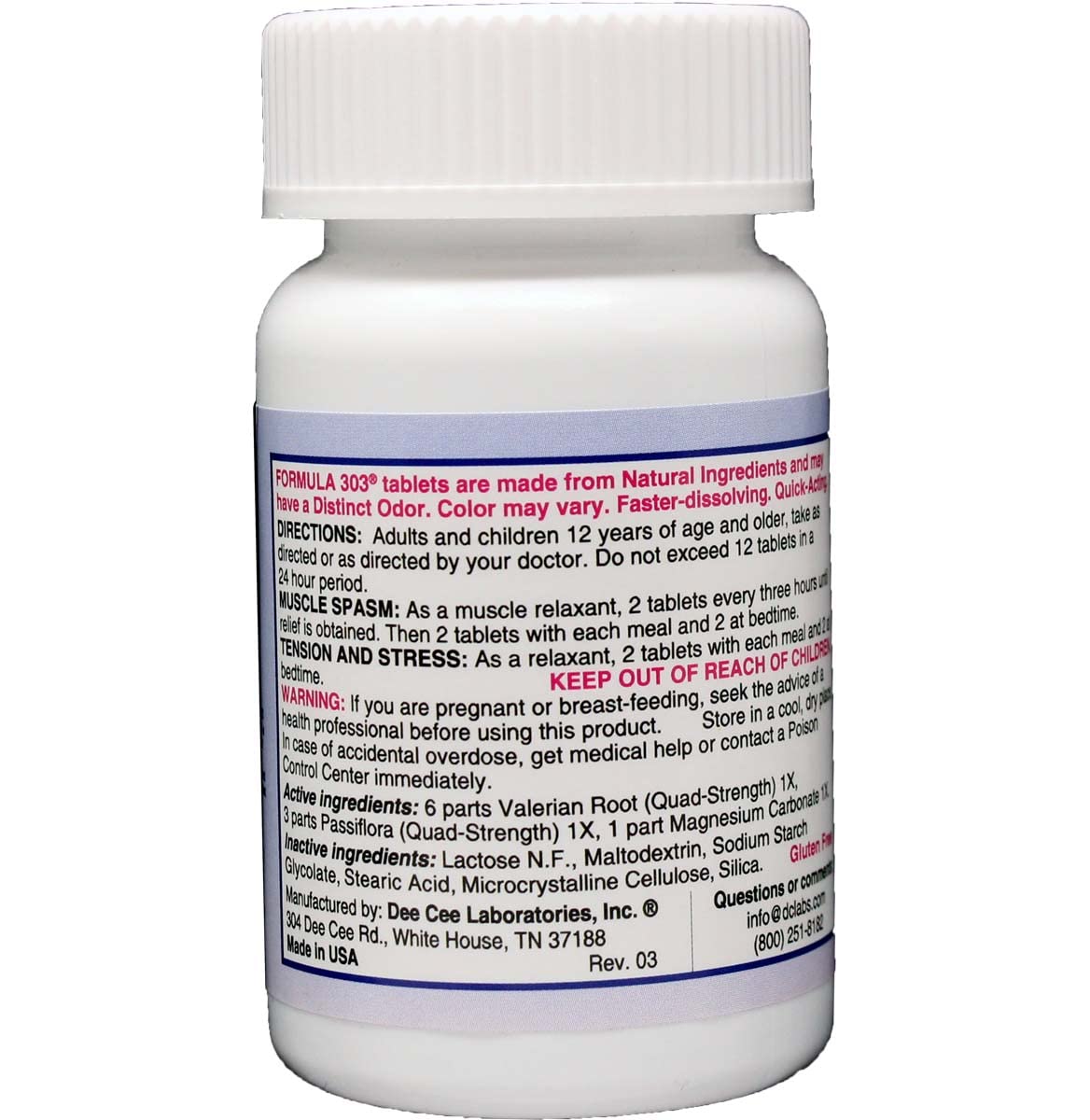 Valerian root, passion flower, and magnesium ingredients in Formula 303