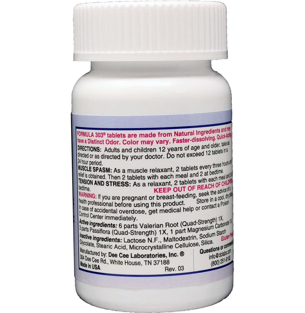 Valerian root, passion flower, and magnesium ingredients in Formula 303