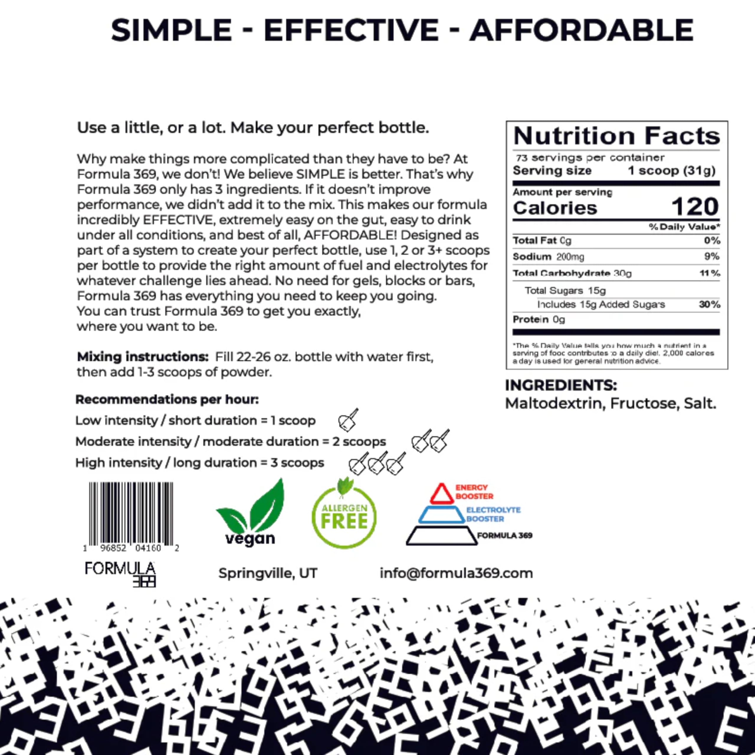 Formula 369 unflavored powder tub with scoop enabling flexible carb loading.