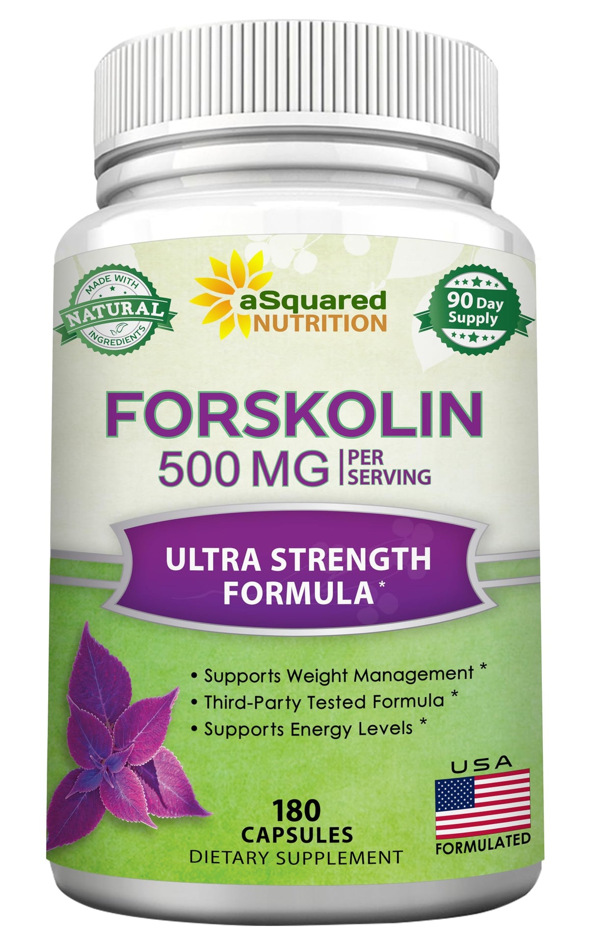 aSquared Nutrition Forskolin 500mg bottle with 180 capsules