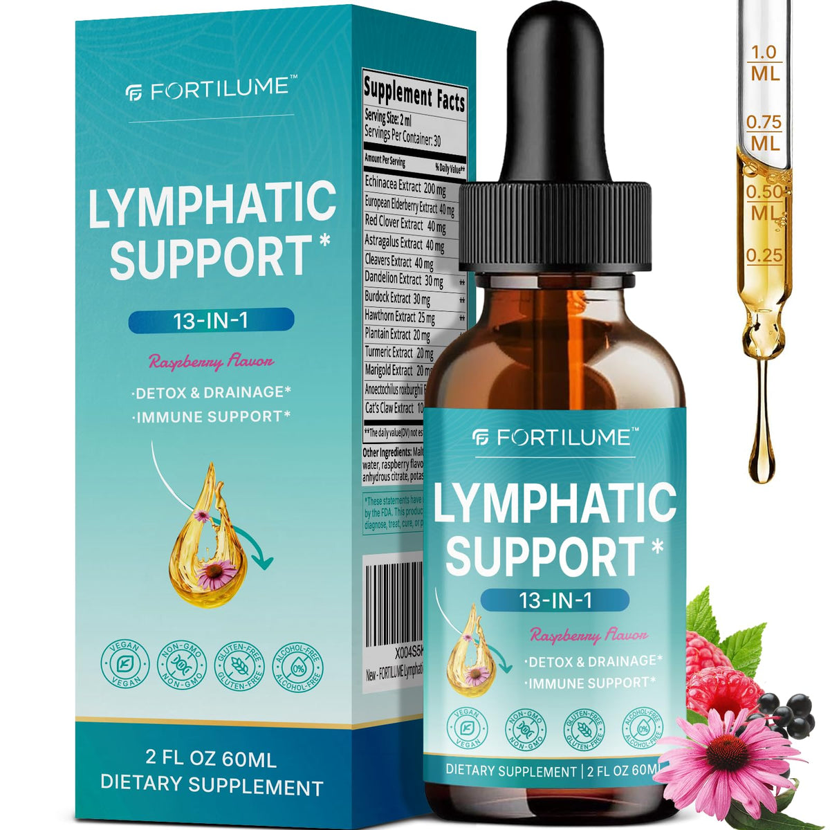 Fortilume Lymphatic Drainage Drops Raspberry flavor; 2oz bottle, 30 servings