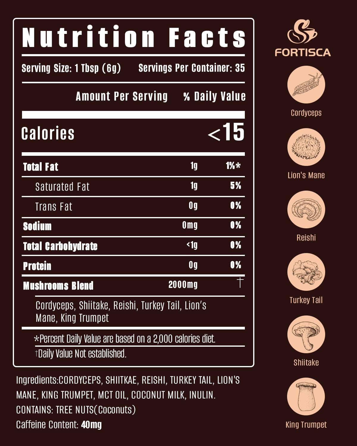 Back packaging of FORTISCA Mushroom Coffee showing ingredients