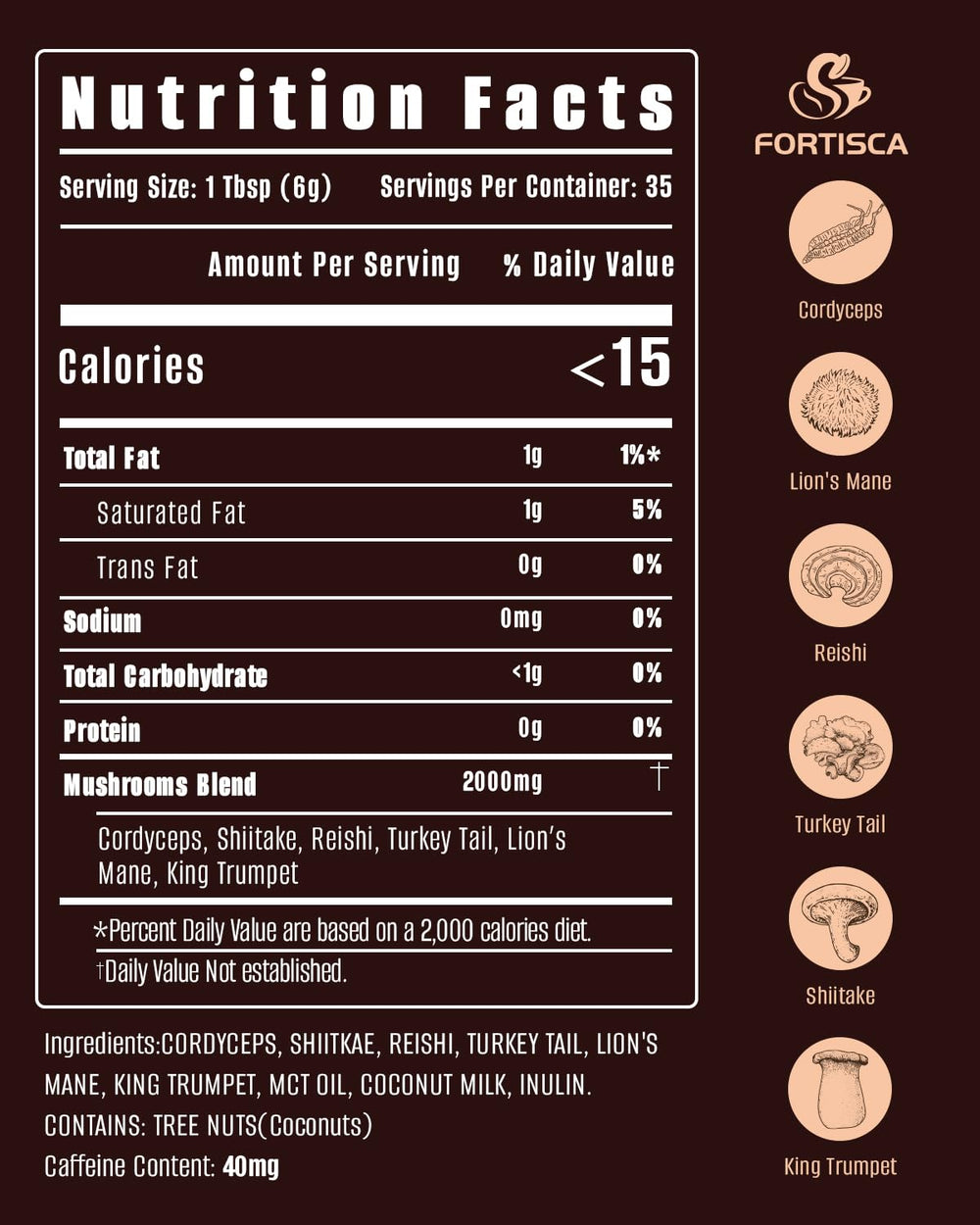 Back packaging of FORTISCA Mushroom Coffee showing ingredients