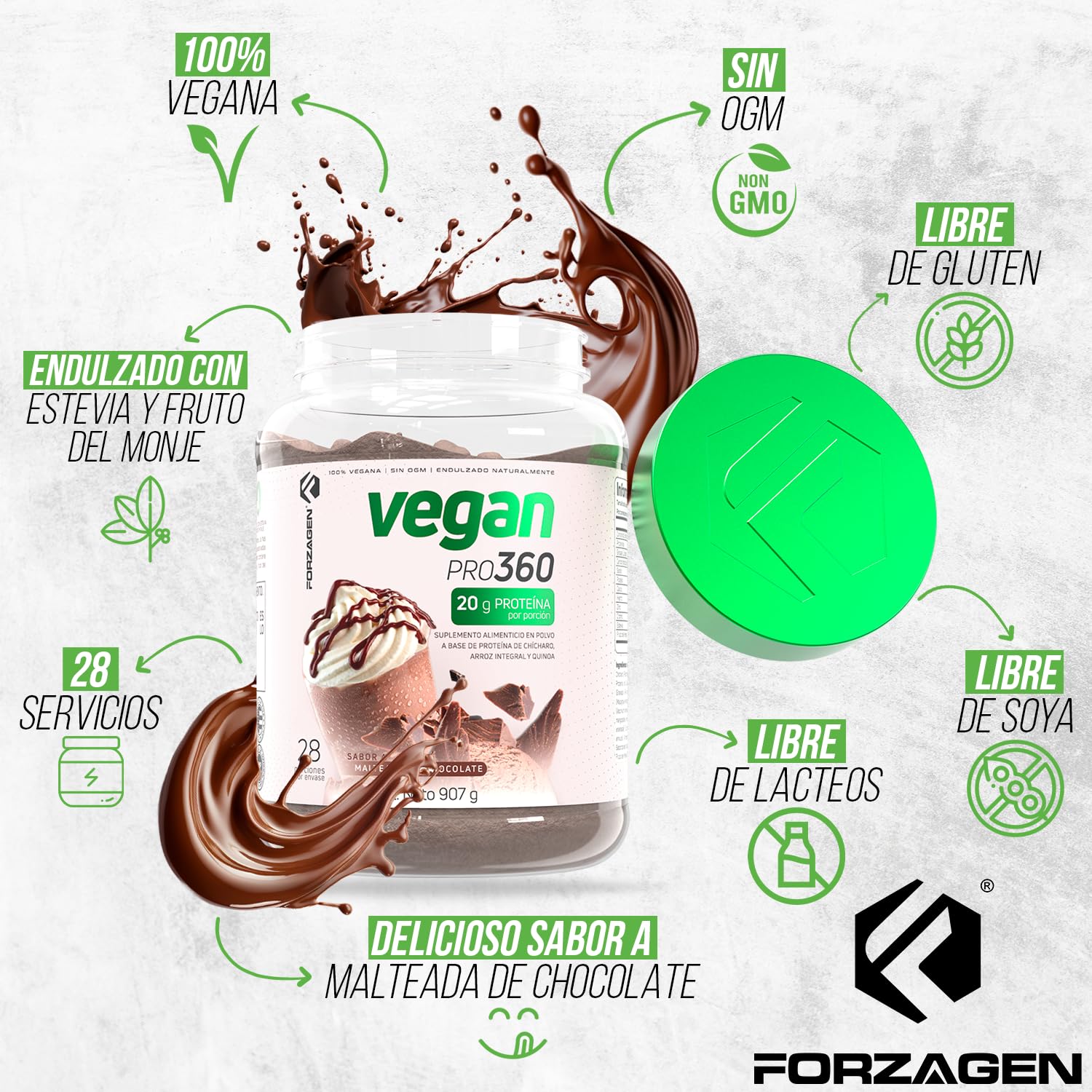 Forzagen Vegan Protein 360 dairy-free label emphasizing allergen-free formula