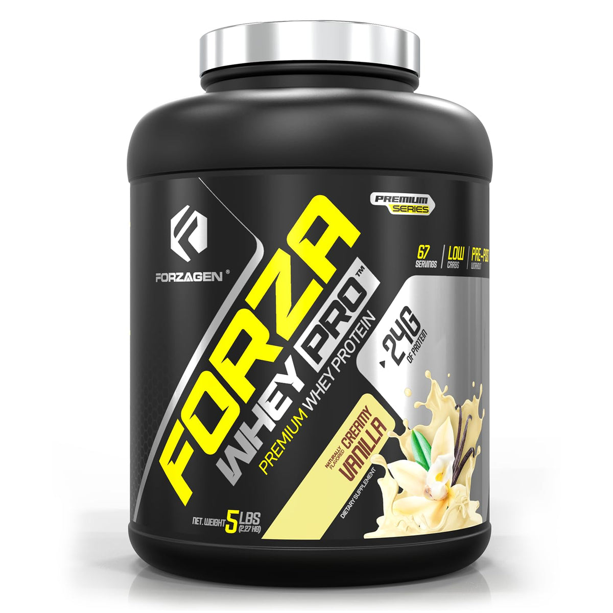 Forzagen Whey PRO vanilla low carb protein powder canister with scoop